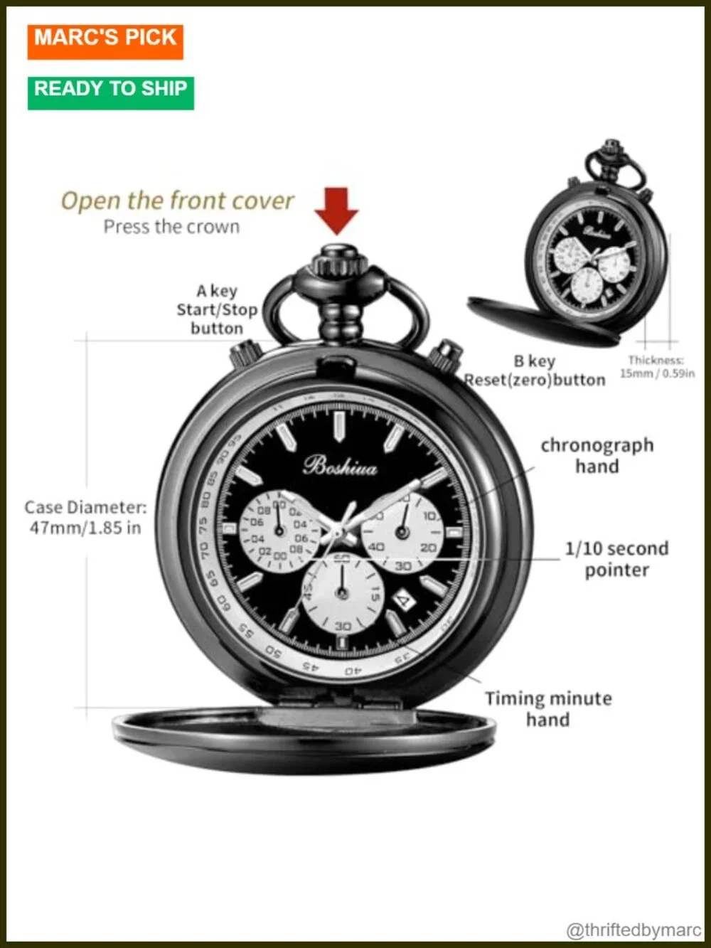 Smooth Quartz Pocket Watch with Chain Multifunctional Chronograph Vintage